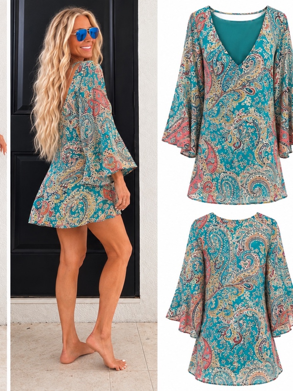 Teal Paisley V-Neck Women’s Swim Cover-Up Dress